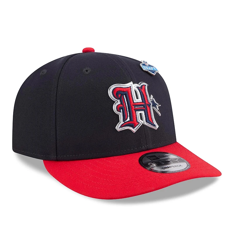 Casquette snapback New Era 9FIFTY pré-courbée pour homme, bleu marine/rouge, Houston Texans, Draft NFL 2026.