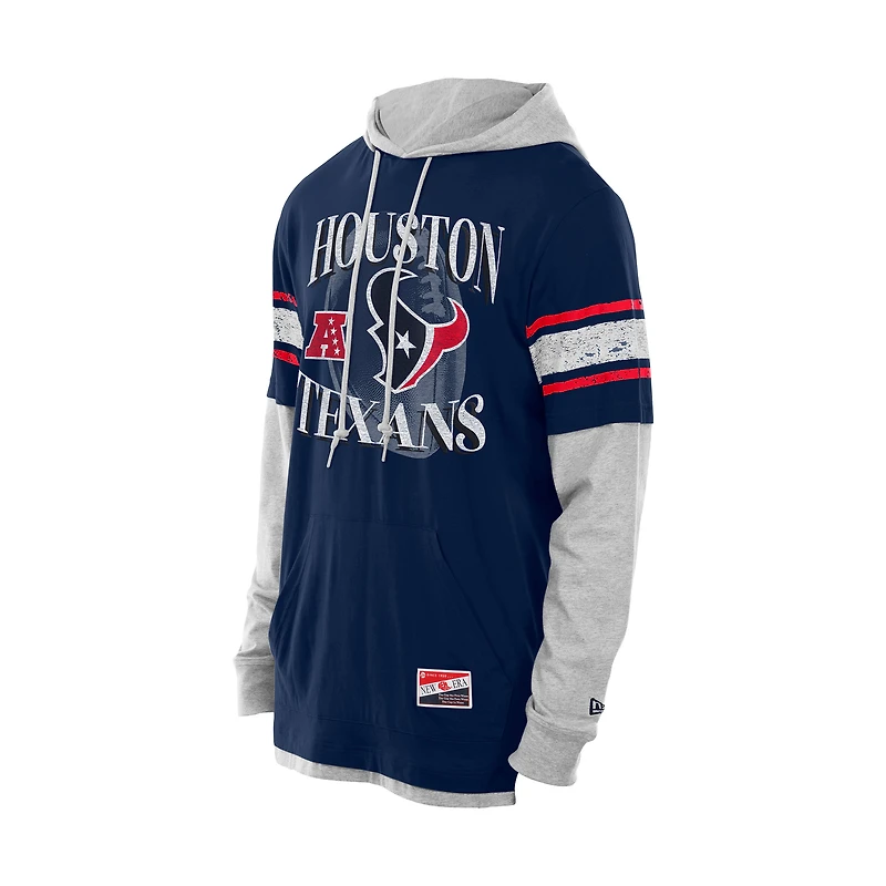 Men's New Era Navy Houston Texans Twofer Layered Long Sleeve Hoodie T-Shirt