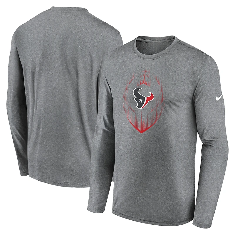 T-shirt Nike gris chiné à manches longues pour homme, modèle Icon Legend Performance des Houston Texans