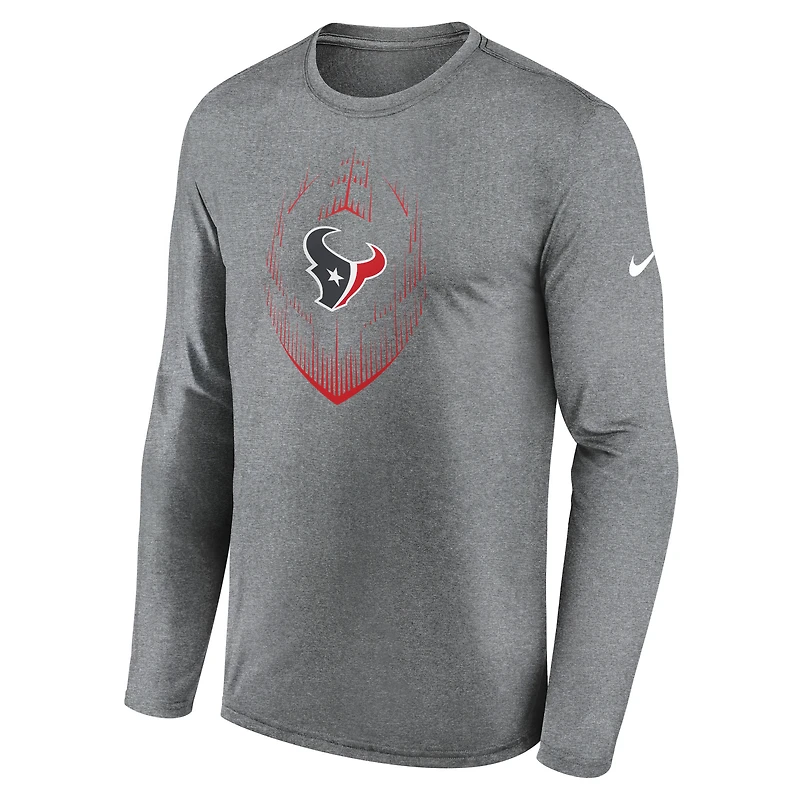 T-shirt Nike gris chiné à manches longues pour homme, modèle Icon Legend Performance des Houston Texans