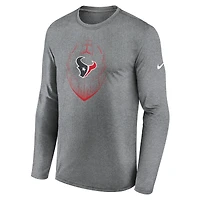 T-shirt Nike gris chiné à manches longues pour homme, modèle Icon Legend Performance des Houston Texans