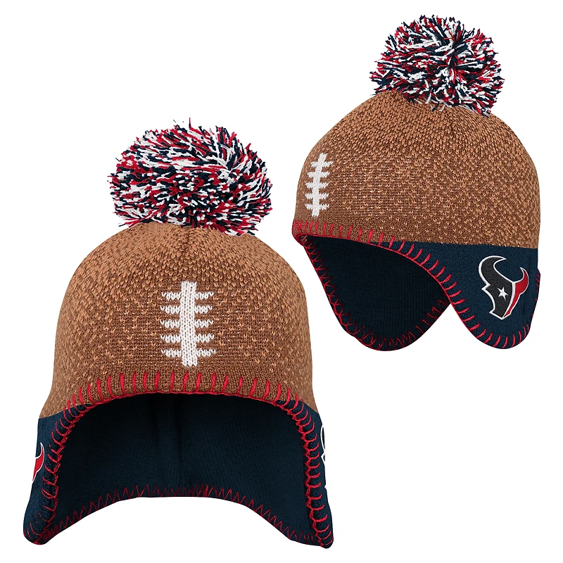 Bonnet en tricot marron avec pompon pour enfant d'âge préscolaire, motif tête de football des Houston Texans