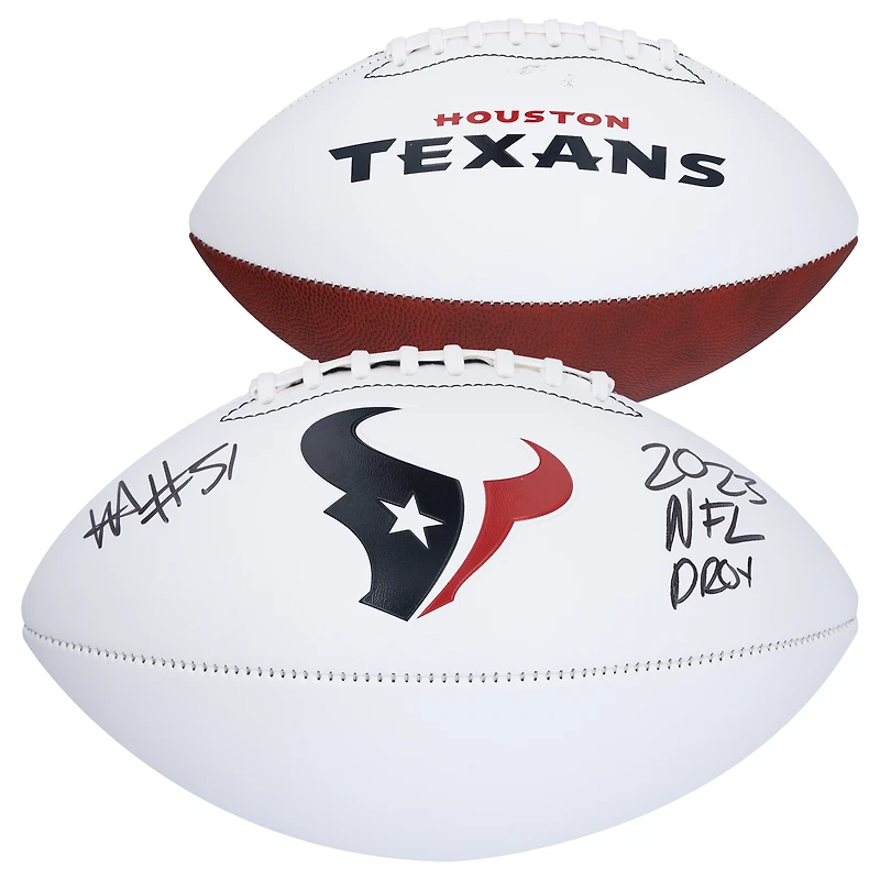 Ballon de football dédicacé Franklin White Panel de Will Anderson Jr. Houston Texans, recrue défensive de l'année 2023 de la NFL, avec inscription « 2023 NFL DROY »
