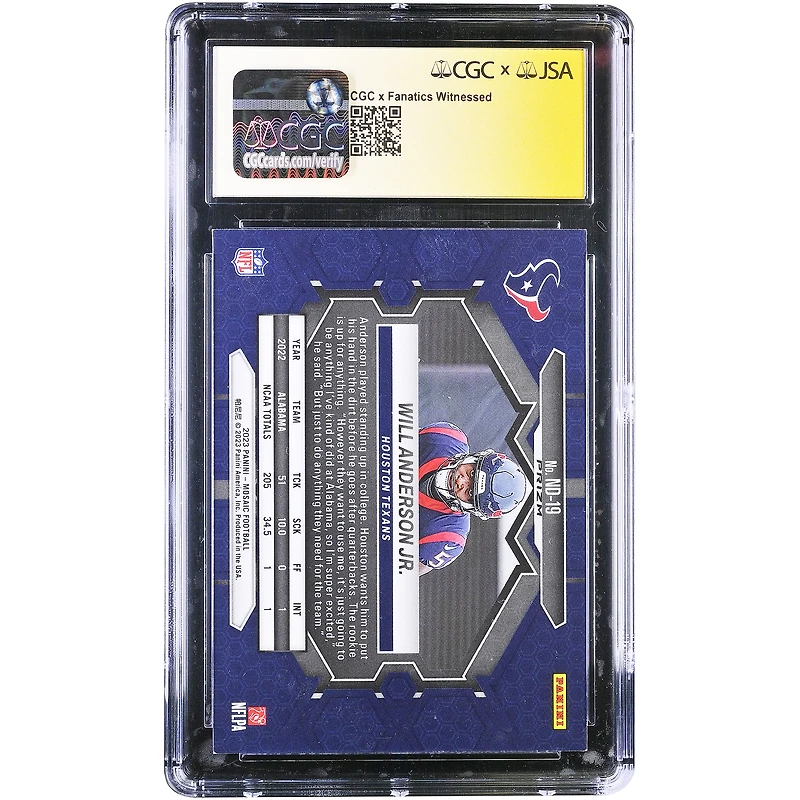 Carte de recrue autographiée de Will Anderson Jr. (Houston Texans) - Panini Mosaic NFL Debut Mosaic 2023 #ND-19 - Authentifiée par Fanatics Witnessed (CGC)