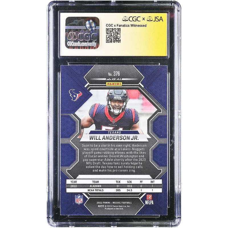 Will Anderson Jr. Houston Texans Autographed 2023 Panini Mosaic #376 CGC Authenticated 9.5/10 Rookie Card