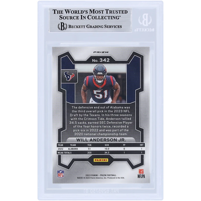 Will Anderson Jr. Houston Texans Autographed 2023 Panini Prizm Green Wave #342 Beckett Fanatics Witnessed Authenticated Rookie Card