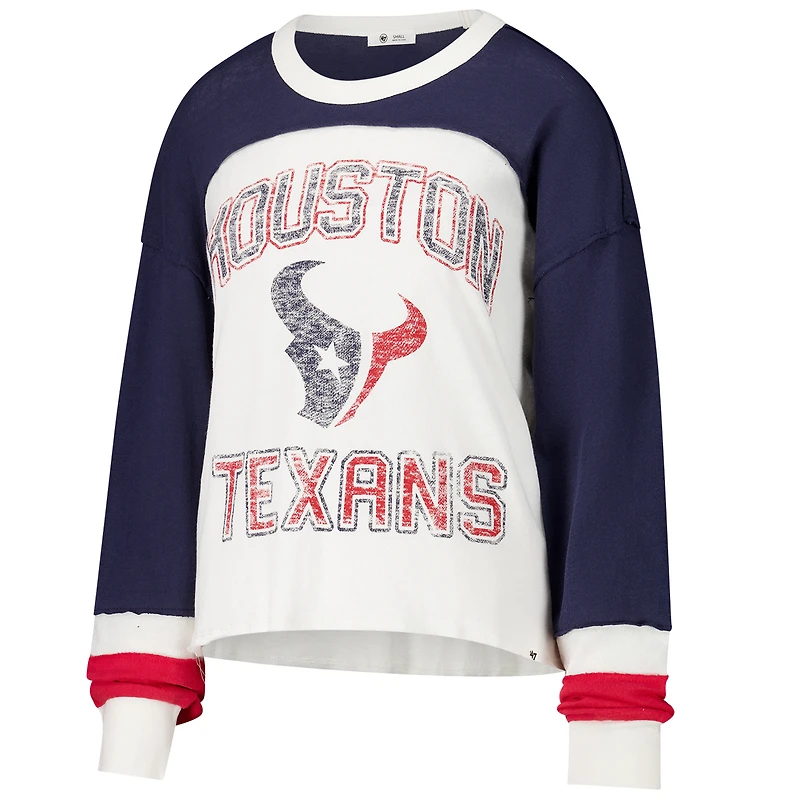 Haut court à manches longues raglan Double Header Curve '47 Cream pour femme des Houston Texans