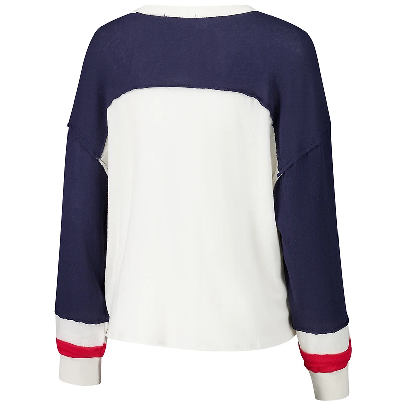 Women's '47 Cream Houston Texans Double Header Curve Raglan Long Sleeve Crop Top