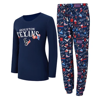Ensemble de nuit pour femme Concepts Sport Navy Houston Texans Chesnut avec t-shirt à manches longues et pantalon