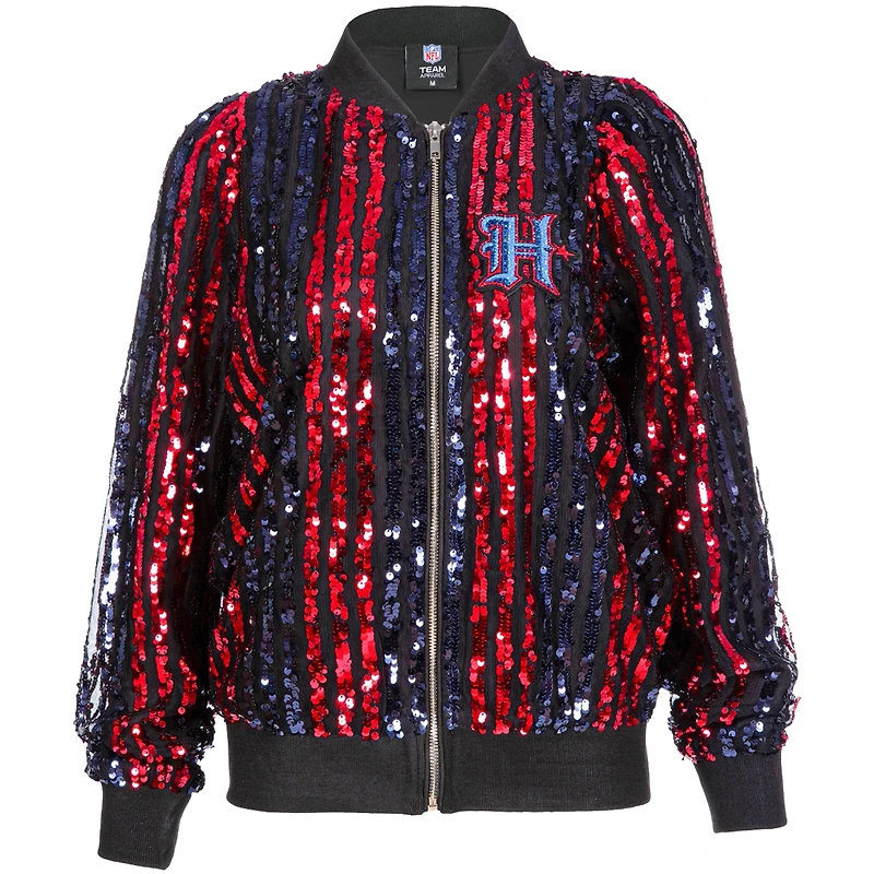Blouson aviateur zippé à rayures et sequins bleu marine pour femme des Houston Texans, coupe ajustée