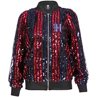 Blouson aviateur zippé à rayures et sequins bleu marine pour femme des Houston Texans, coupe ajustée