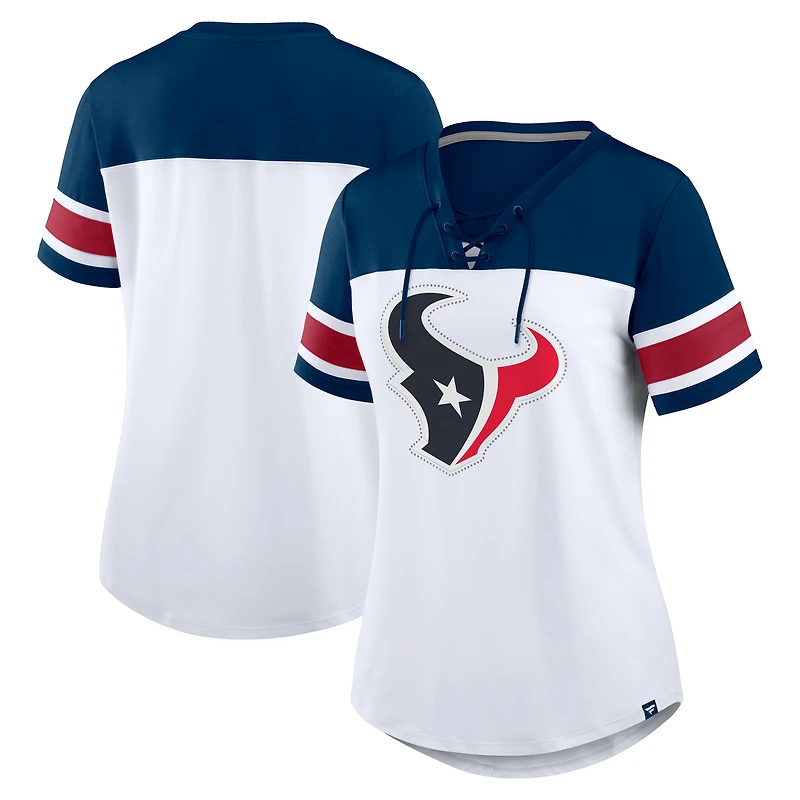 T-shirt à lacets et col en V strass Athena pour femme, blanc/bleu marine, des Houston Texans