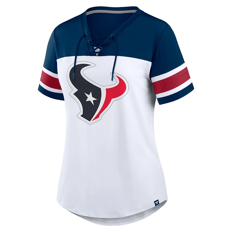 Women's Fanatics White/Navy Houston Texans Athena Rhinestone Lace-Up V-Neck T-Shirt
