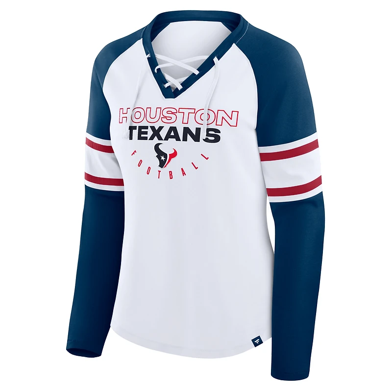 T-shirt à manches longues et col en V lacets pour femme, blanc/bleu marine, Houston Texans Redzone Blitz Package