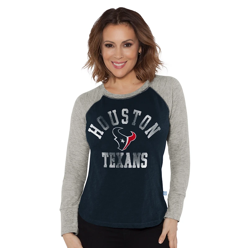 T-shirt à manches longues raglan en tricot gaufré G-III 4Her by Carl Banks pour femme, bleu marine/gris chiné, Houston Texans