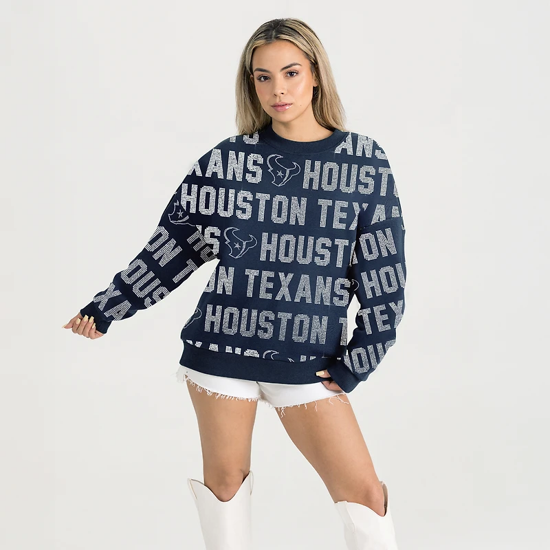 Sweat-shirt décontracté à épaules tombantes et texte strass Hype Era pour femme, bleu marine, motif Gameday Couture des Houston Texans