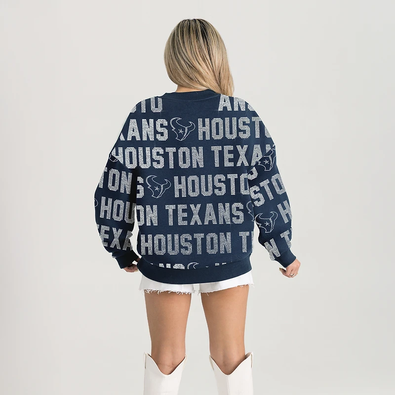 Sweat-shirt décontracté à épaules tombantes et texte strass Hype Era pour femme, bleu marine, motif Gameday Couture des Houston Texans