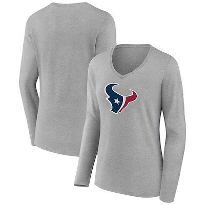 Women's  Gray Houston Texans Primary Logo Long Sleeve V-Neck T-Shirt