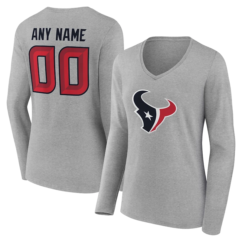 T-shirt à manches longues et col en V authentique personnalisé avec nom numéro de l'équipe des Houston Texans, gris pour femmes