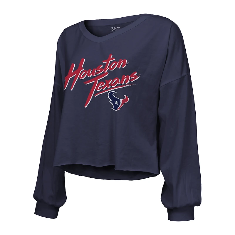 T-shirt court à manches longues et épaules dénudées Majestic Threads C.J. Stroud pour femmes, bleu marine, Houston Texans, nom numéro
