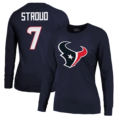 T-shirt à manches longues pour femme Majestic Threads C.J. Stroud Navy Houston Texans avec nom et numéro du joueur