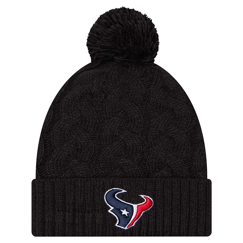 Bonnet en tricot torsadé à revers et pompon pour femme New Era Houston Texans noir