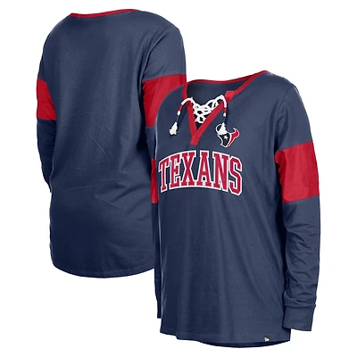 Women's New Era Navy Houston Texans Lace-Up Notch-Neck Long Sleeve T-Shirt