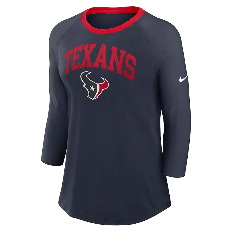 T-shirt Nike bleu marine à manches 3/4 raglan des Houston Texans pour femmes