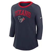 T-shirt Nike bleu marine à manches 3/4 raglan des Houston Texans pour femmes