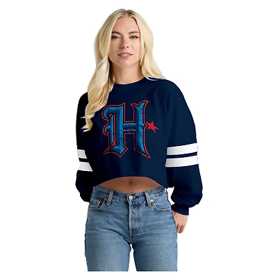 T-shirt à manches longues rayé oversize court des Houston Texans, bleu marine, pour femme.