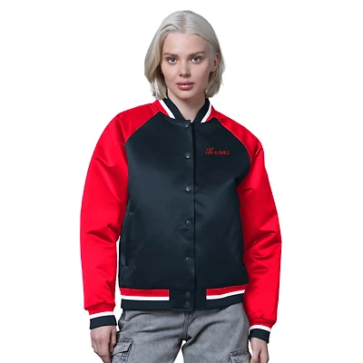 Veste universitaire vintage en satin à boutons-pression pour femme, bleu marine/rouge, des Houston Texans