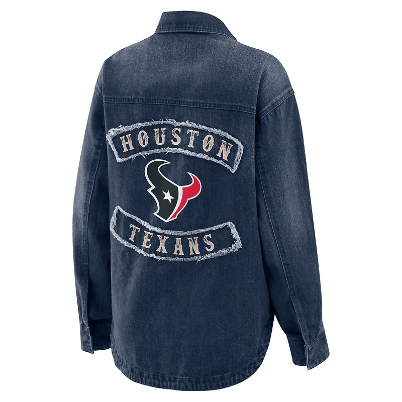 Women's WEAR by Erin Andrews Denim Houston Texans Washed Oversized Full-Snap Shacket