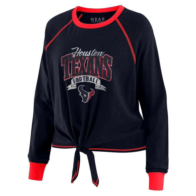 Haut à manches longues noué sur le devant bleu marine/rouge Houston Texans pour femme WEAR by Erin Andrews
