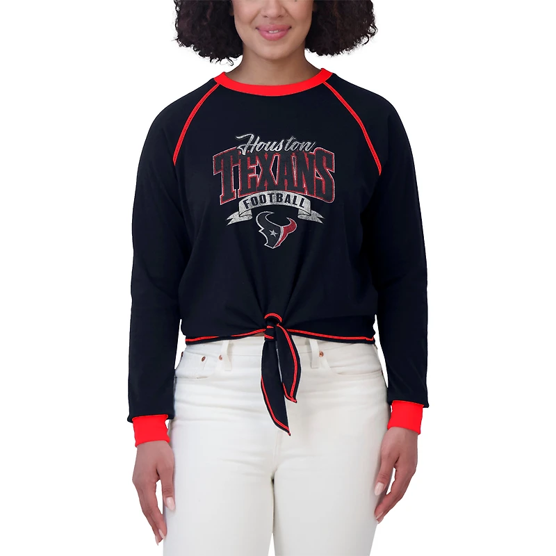Haut à manches longues noué sur le devant bleu marine/rouge Houston Texans pour femme WEAR by Erin Andrews