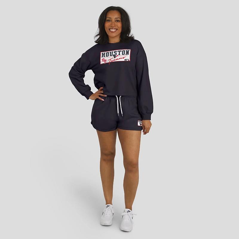 Women's WEAR by Erin Andrews Navy Houston Texans Heavy Rugby Jersey Long Sleeve T-Shirt & Shorts Lounge Set
