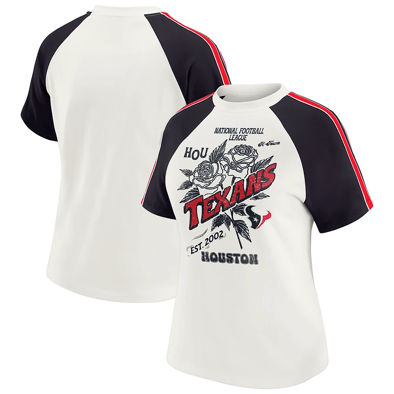 T-shirt raglan blanc à rayures et manches vieillies pour femme WEAR by Erin Andrews, motif Houston Texans