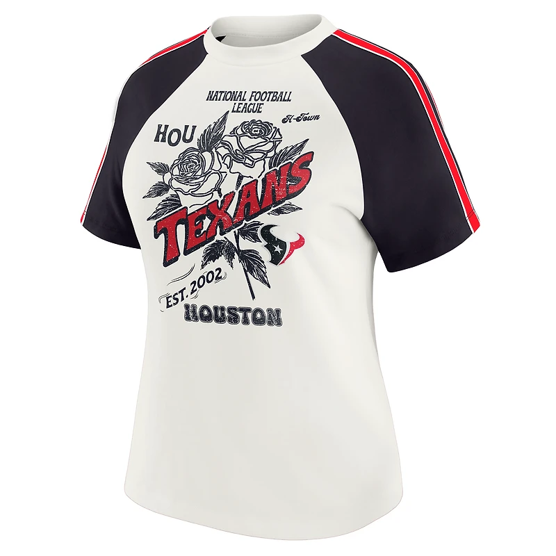 T-shirt raglan blanc à rayures et manches vieillies pour femme WEAR by Erin Andrews, motif Houston Texans
