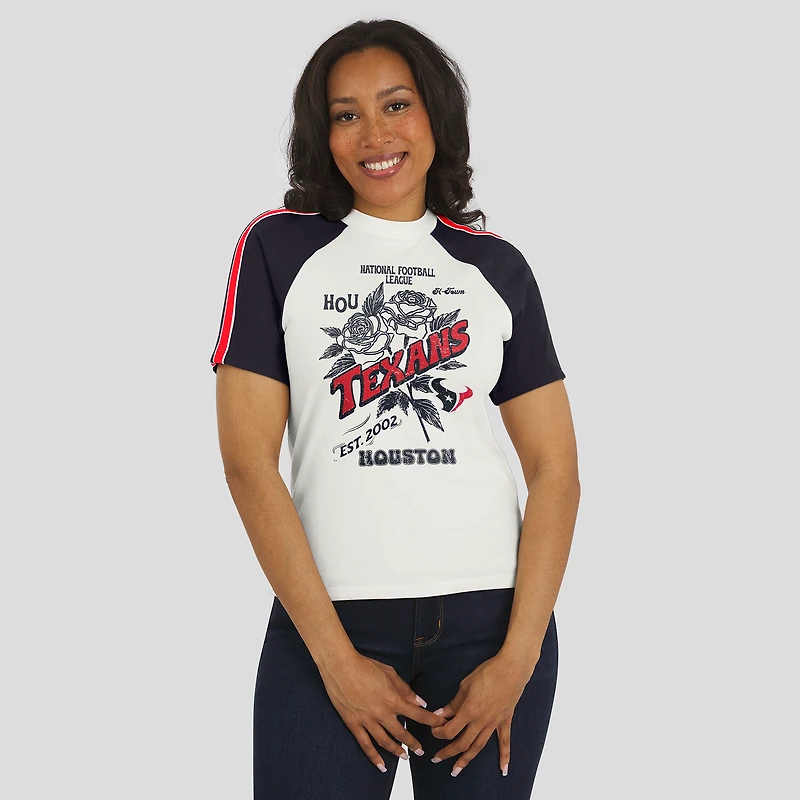 Women's WEAR by Erin Andrews White Houston Texans Sleeve Stripe Distressed Raglan T-Shirt