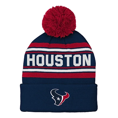 Bonnet en tricot à revers en jacquard bleu marine Houston Texans pour jeunes avec pompon