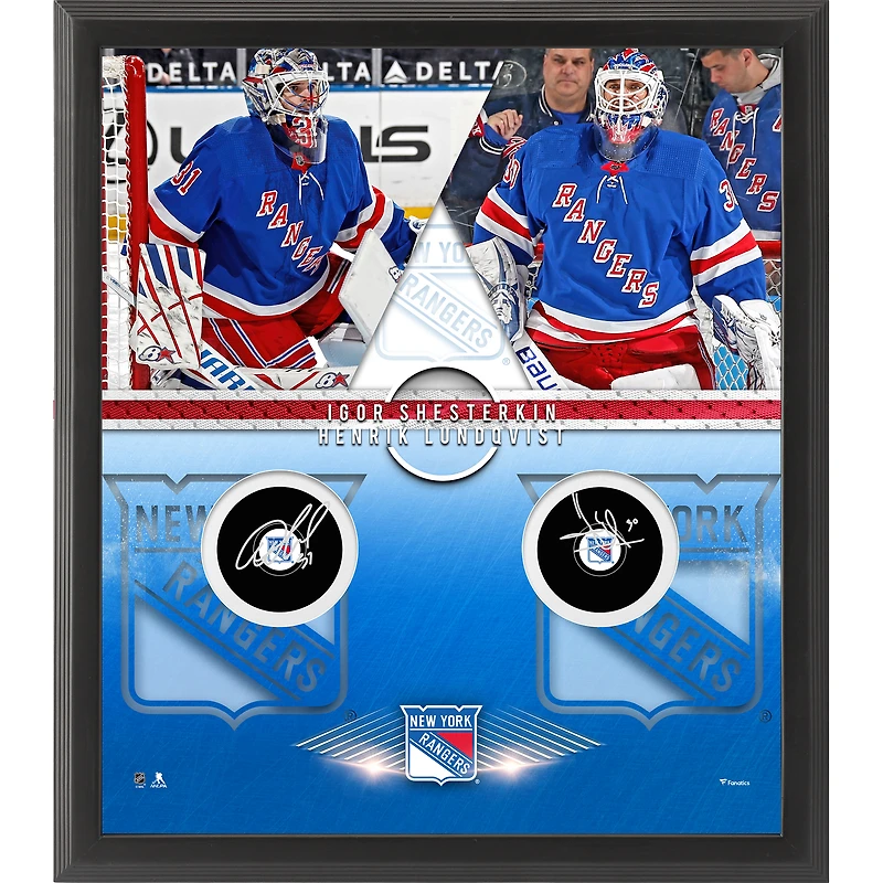 Coffret Shadowbox encadré avec rondelles de hockey autographiées d'Igor Shesterkin et Henrik Lundqvist