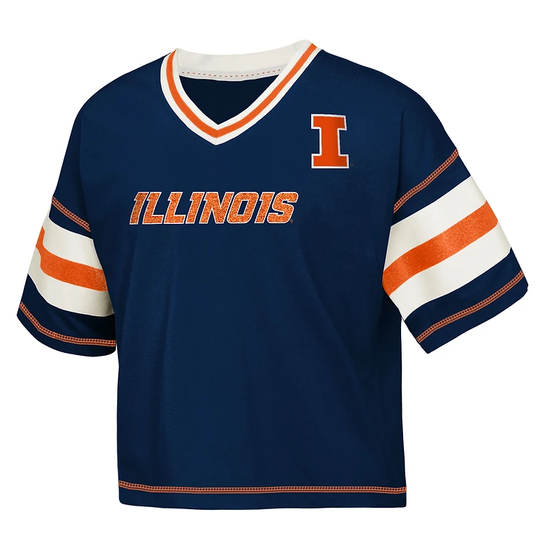 T-shirt col V bleu marine pour jeunes filles de l'équipe football américain Illinois Fighting Illini Grid Iron