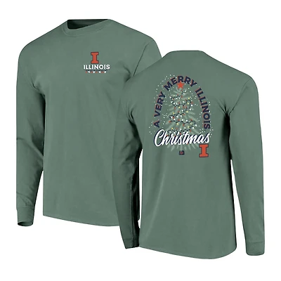 Men's  Green Illinois Fighting Illini Comfort Colors Merry Christmas Tree Long Sleeve T-Shirt