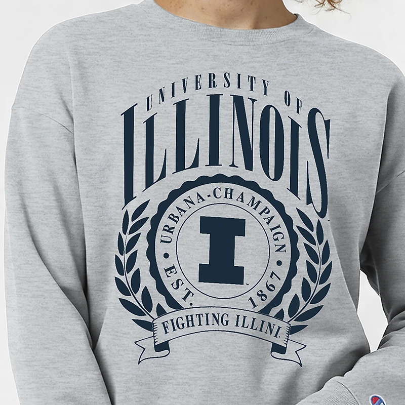 Sweat-shirt à col rond Powerblend gris chiné pour femmes, emblème académique des Fighting Illini de l'Illinois.