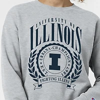 Sweat-shirt à col rond Powerblend gris chiné pour femmes, emblème académique des Fighting Illini de l'Illinois.