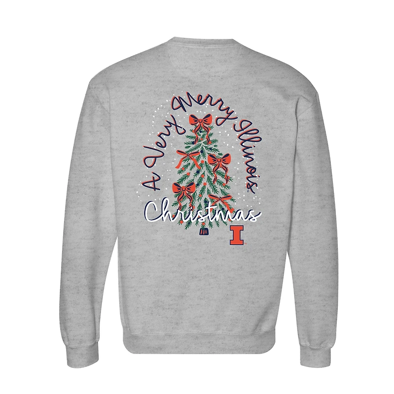Women's  Heather Gray Illinois Fighting Illini Classic Merry Christmas Tree Crewneck Sweatshirt