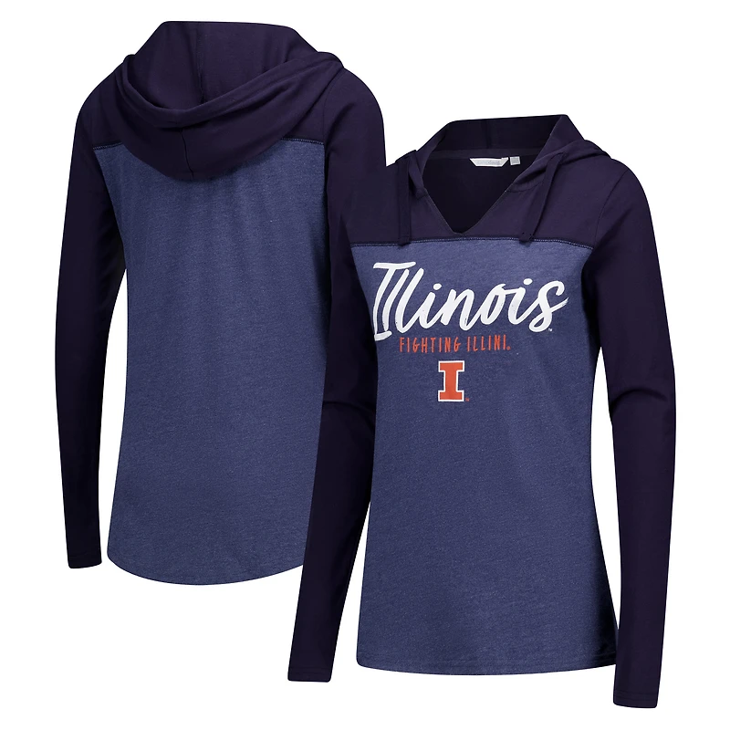Women's Heather Navy Illinois Fighting Illini Knockout Color Block Hooded V-Neck Long Sleeve T-Shirt