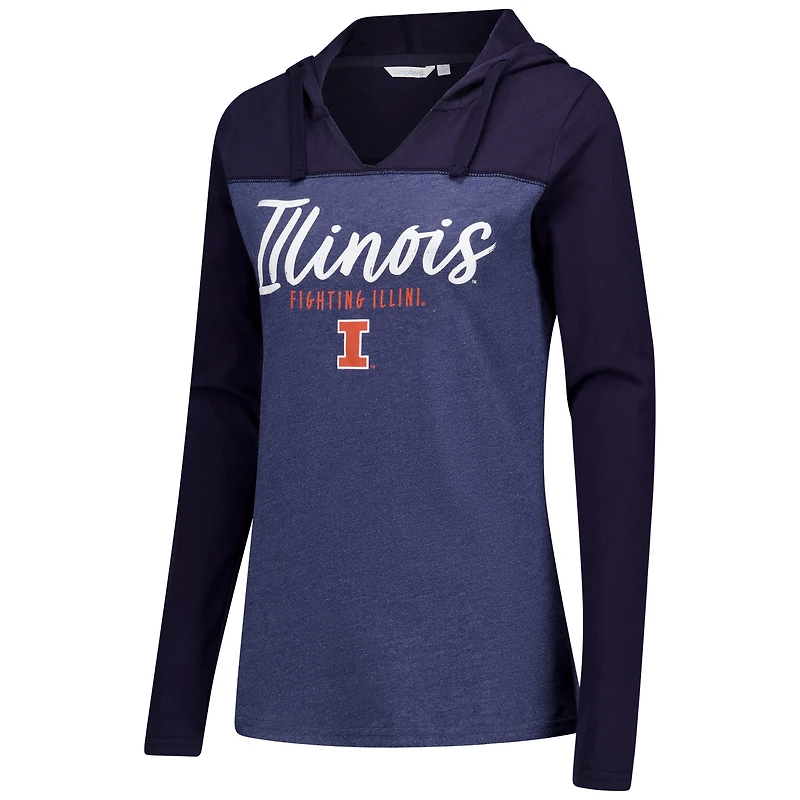 Women's Heather Navy Illinois Fighting Illini Knockout Color Block Hooded V-Neck Long Sleeve T-Shirt
