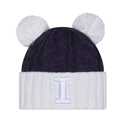 Bonnet en tricot à revers ton sur ton Illinois Fighting Illini New Era bleu marine pour femme avec double pompon