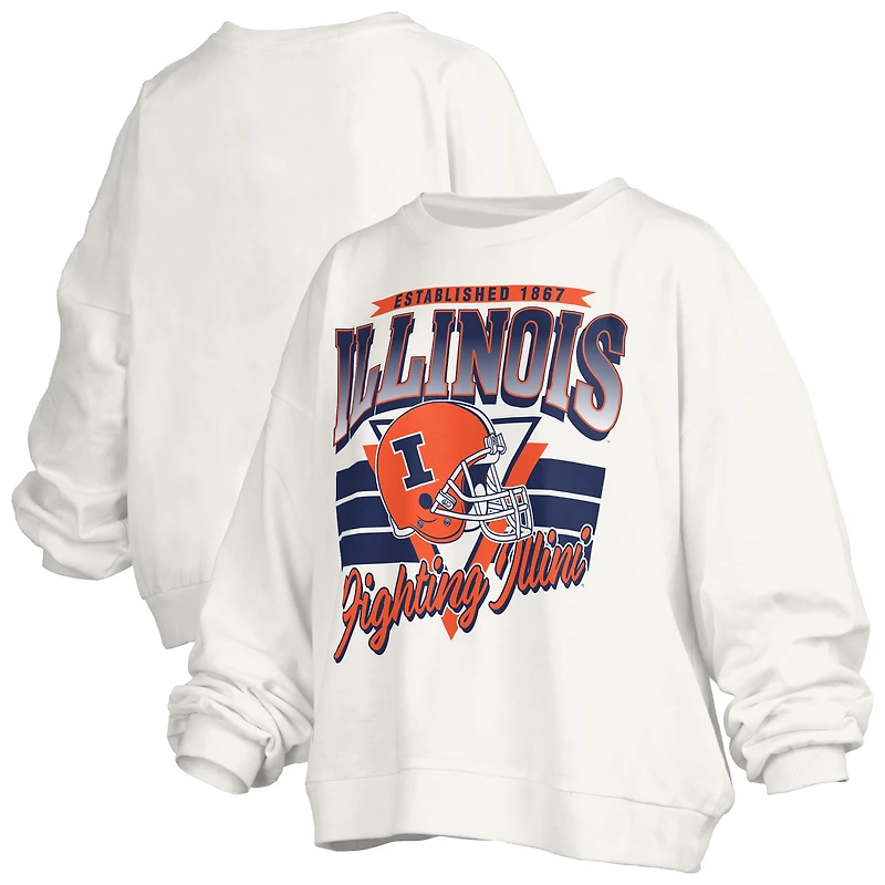 Women's Pressbox White Illinois Fighting Illini Oversized Janice Retro Waist-Length Pullover Sweatshirt