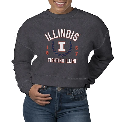 Women's Uscape Apparel  Black Illinois Fighting Illini Laurels Fleece Crop Pullover Sweatshirt